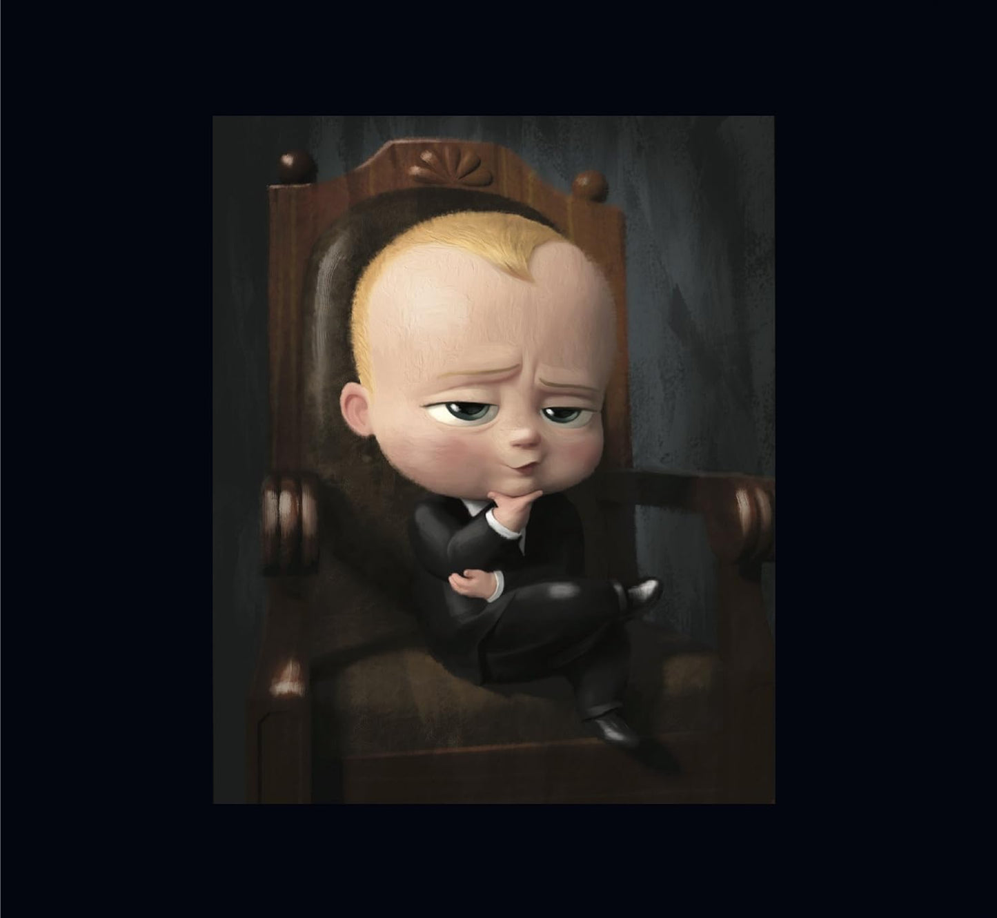 A stylized portrait print of a baby dressed in a black suit sitting on a dark wooden throne chair against a dark gray background, centered on a black square backdrop.