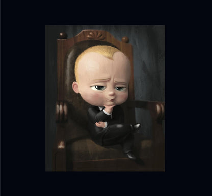 A stylized portrait print of a baby dressed in a black suit sitting on a dark wooden throne chair against a dark gray background, centered on a black square backdrop.