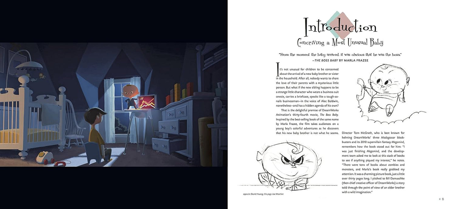 A two-page spread from a children's book or booklet. The left page shows a dark illustrated nursery scene with a crib, dresser, and a child standing by a glowing refrigerator.