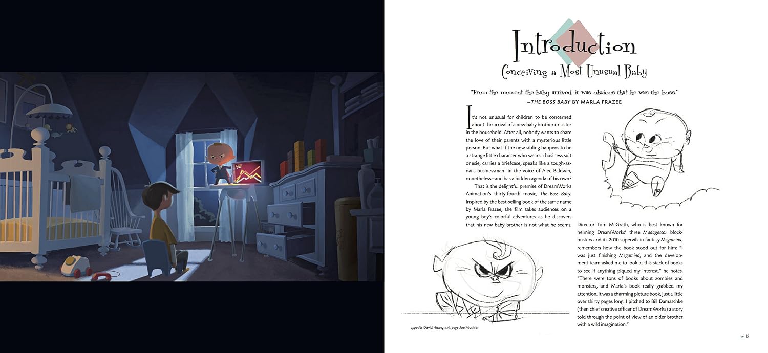 A two-page spread from a children's book or booklet. The left page shows a dark illustrated nursery scene with a crib, dresser, and a child standing by a glowing refrigerator.