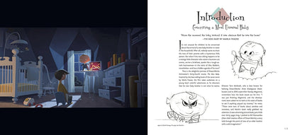 A two-page spread from a children's book or booklet. The left page shows a dark illustrated nursery scene with a crib, dresser, and a child standing by a glowing refrigerator.