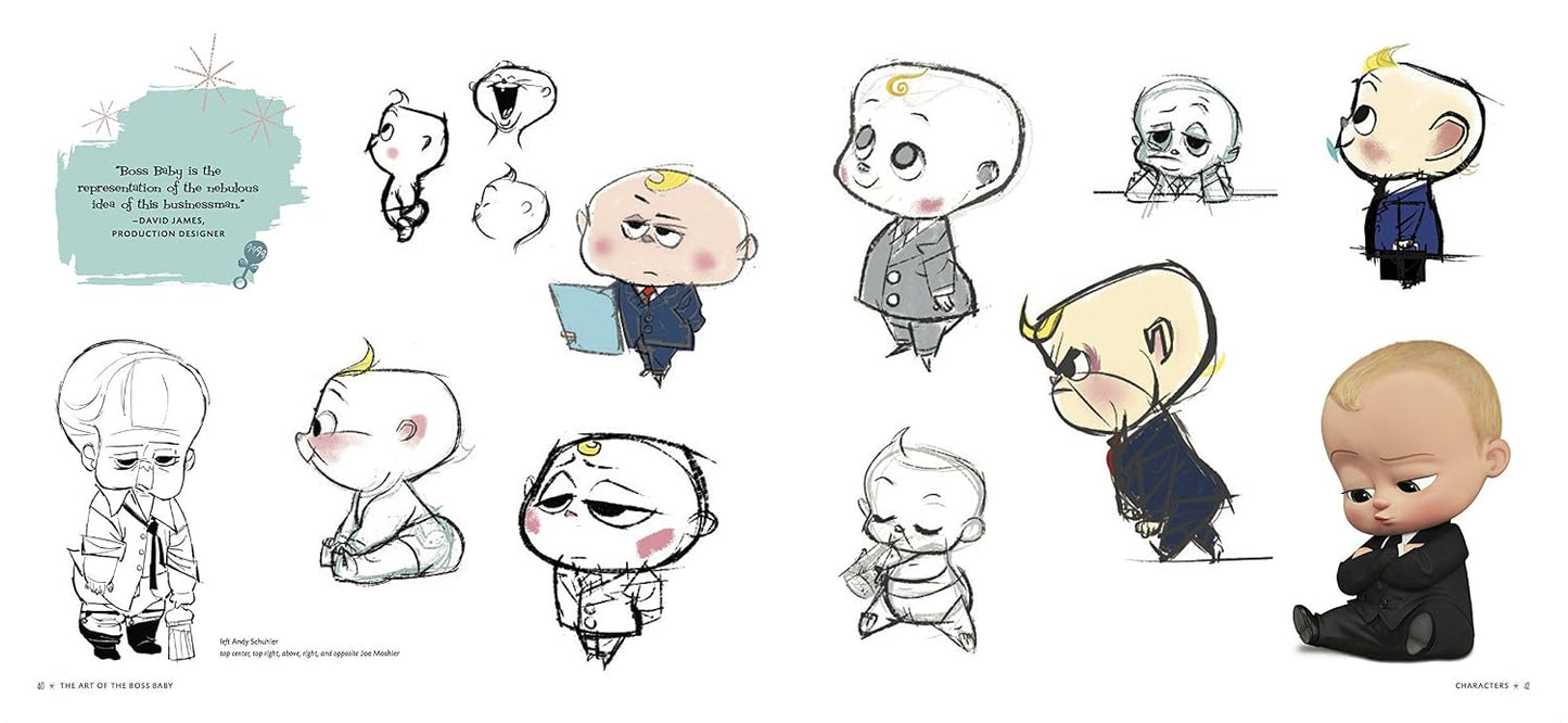 A character design sheet featuring multiple hand-drawn sketches of a baby-like cartoon character in different poses and outfits, including a full-body figure in a black suit and several smaller head-and-shoulder sketches on a white background.