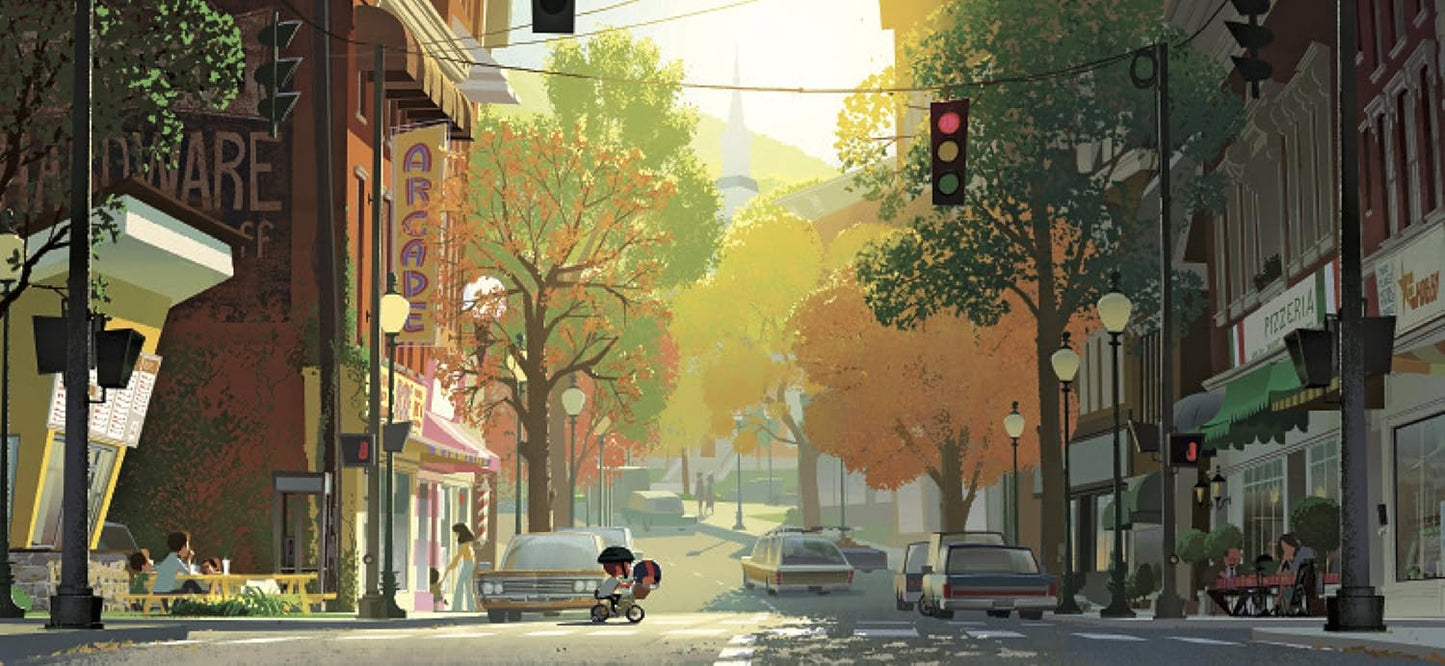 A stylized illustrated city street scene with storefronts, trees in autumn colors, cars, pedestrians, and traffic lights, rendered in warm golden and brown tones.
