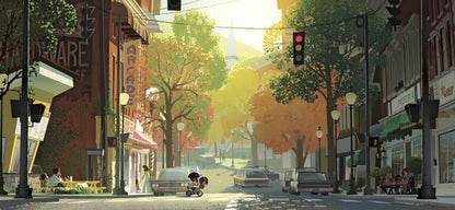 A stylized illustrated city street scene with storefronts, trees in autumn colors, cars, pedestrians, and traffic lights, rendered in warm golden and brown tones.