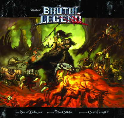 Front cover art for the video game Brutal Legend, featuring a dark fantasy illustration of a warrior riding a creature through a fiery, grotesque landscape with monsters and a glowing green background.