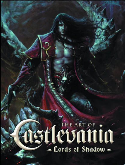 Cover of 'The Art of Castlevania: Lords of Shadow' book featuring a stylized illustration of a character in a red garment with a fantastical creature in the background.