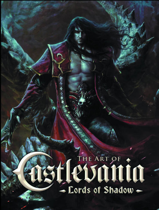 Cover of 'The Art of Castlevania: Lords of Shadow' book featuring a stylized illustration of a character in a red garment with a fantastical creature in the background.