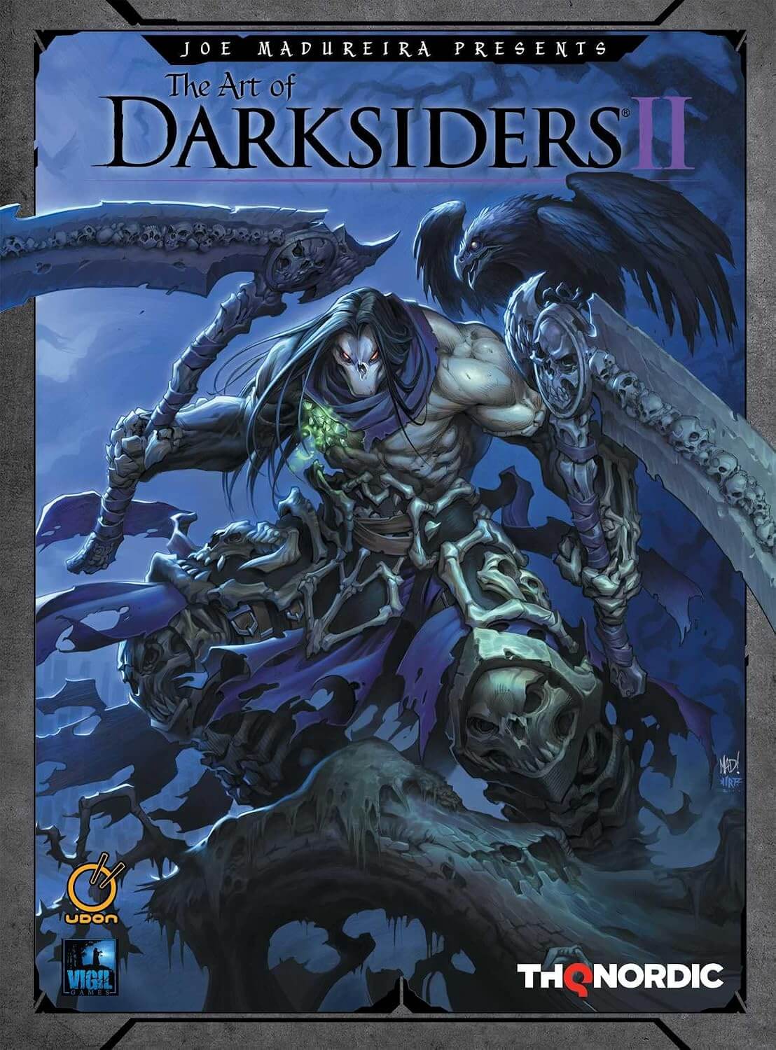Front cover artwork for 'The Art of Darksiders II' presented by Joe Madureira, featuring a dark fantasy illustration of a skeletal warrior with a large scythe and a bird-like creature against a blue-toned background. Visible logos include Udon and ThQ Nordic.