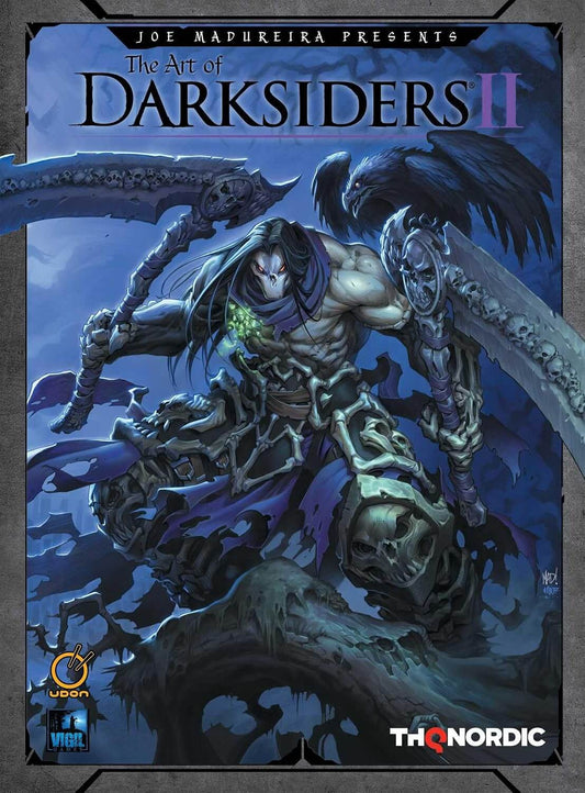 Front cover artwork for 'The Art of Darksiders II' presented by Joe Madureira, featuring a dark fantasy illustration of a skeletal warrior with a large scythe and a bird-like creature against a blue-toned background. Visible logos include Udon and ThQ Nordic.