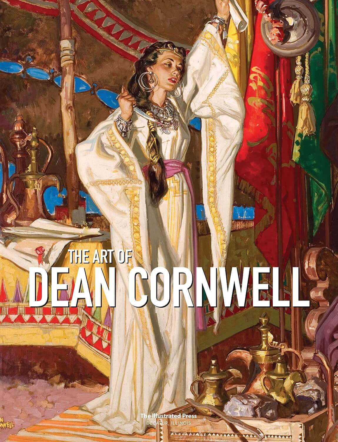 The Art of Dean Cornwell book cover featuring a painted scene of an elegantly dressed woman in a white robe with gold trim, standing in a richly decorated interior with red and green drapery and metallic vessels. Large white text across the lower half reads 'THE ART OF DEAN CORNWELL'.