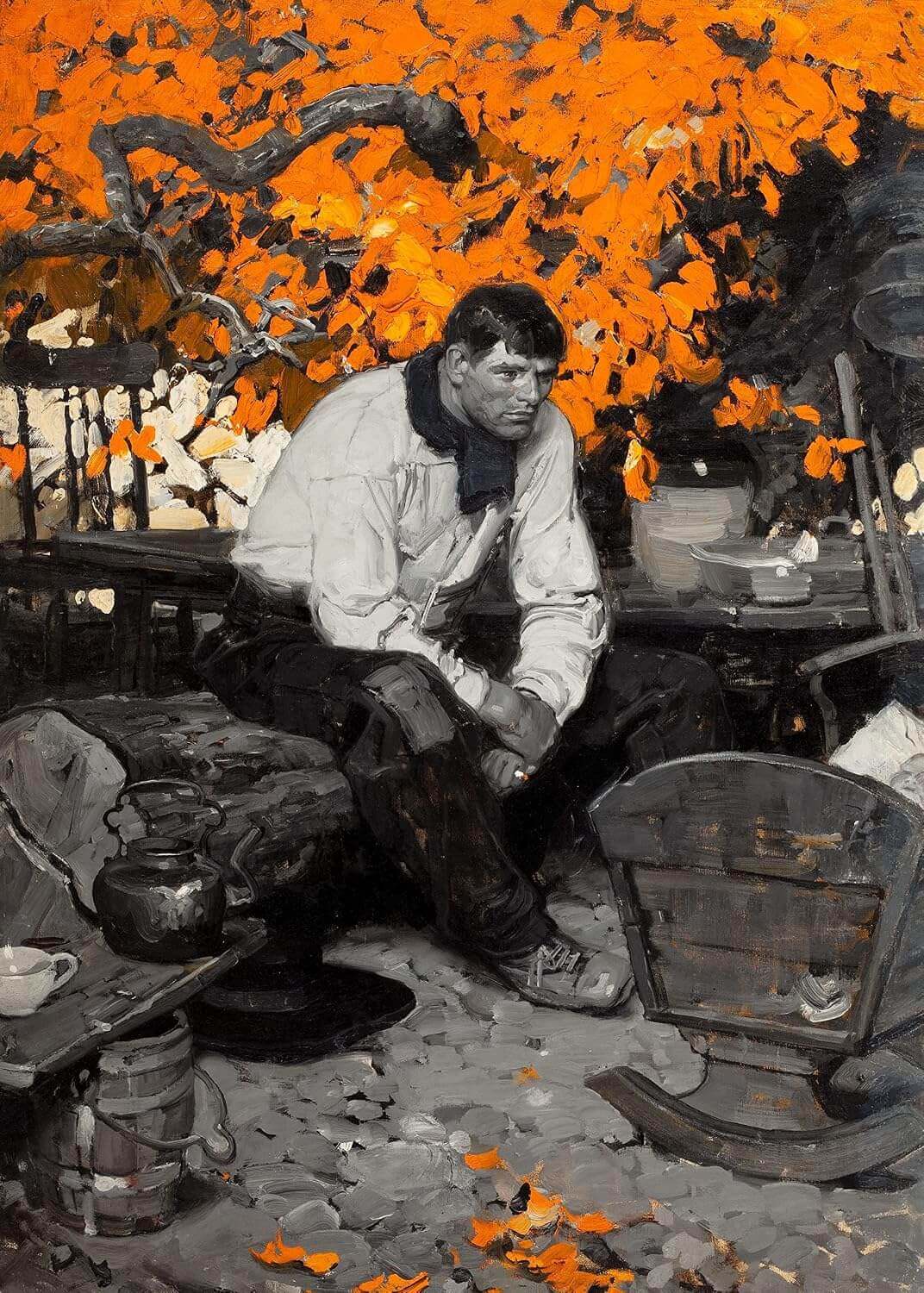 An expressive painting of a seated man in a rustic outdoor setting, surrounded by vivid orange autumn leaves and dark tree branches. The man wears a light shirt and dark pants, with a rocking chair, table, and other rustic objects in the scene.
