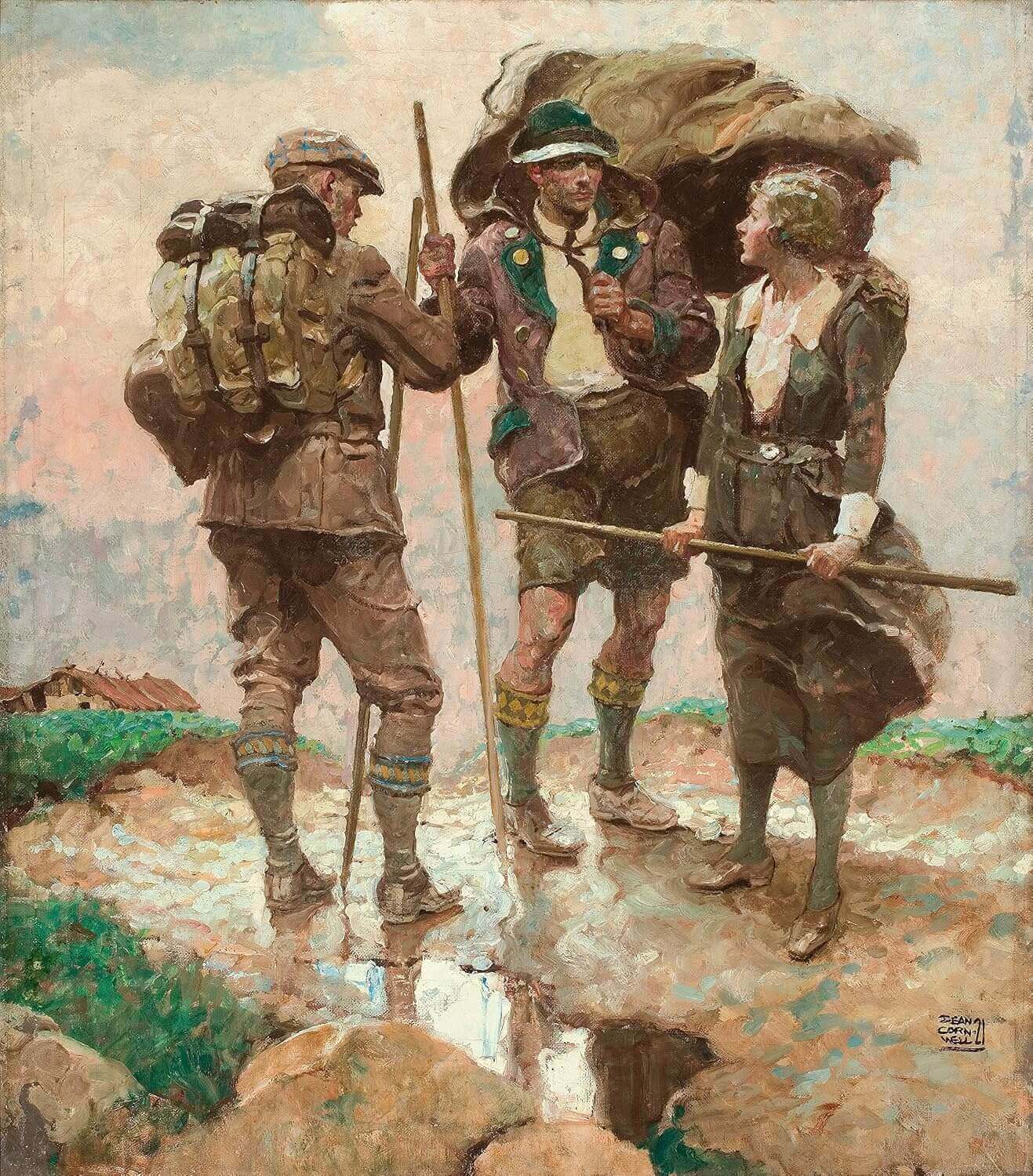 A painted scene showing three people carrying large packs on a muddy path, rendered in earthy brown, green, beige, and gray tones.