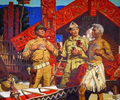 A colorful painted scene showing three men standing outdoors near a carved red structure and a small boat. Two men in tan military uniforms hold bottles, while a shirtless man in a woven skirt stands beside them.