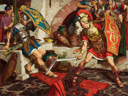 Renaissance-style painting depicting a dramatic gladiator battle scene with armored fighters, shields, swords, and a red cloth on the ground, shown as the product artwork itself.