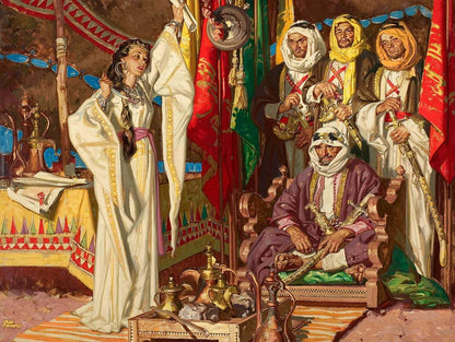 A painted scene showing a woman in a flowing white robe with gold trim standing beside a table with brass vessels, while several men in traditional headwear and robes sit and stand in the background under colorful draped textiles and flags.