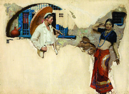 An art print or painting depicting a man and a woman in traditional and semi-traditional attire, emerging from a textured, peeling beige wall with blue window details in the background.