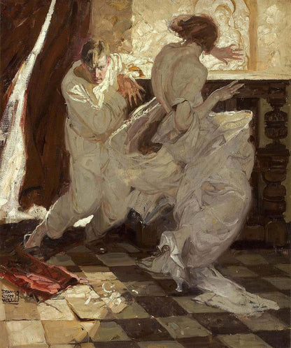 An impressionist-style painting depicting a dramatic indoor scene with two figures in flowing light-colored garments near a table and window, with a checkered floor and a red fabric element in the foreground.