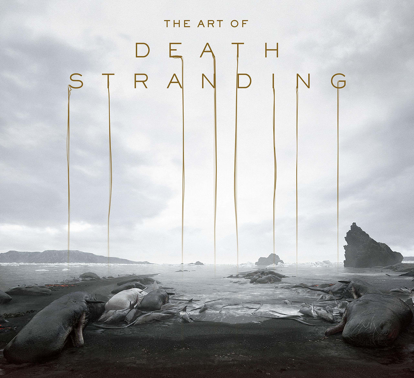 Cover of 'The Art of Death Stranding' book featuring a stylized depiction of a character in a desolate landscape with a dark, looming background.