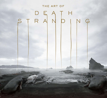 Cover of 'The Art of Death Stranding' book featuring a stylized depiction of a character in a desolate landscape with a dark, looming background.
