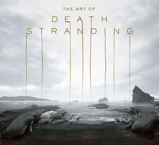 Cover of 'The Art of Death Stranding' book featuring a stylized depiction of a character in a desolate landscape with a dark, looming background.