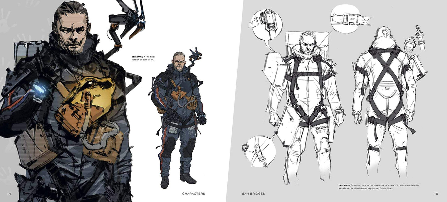 A split-panel character concept art sheet showing a painted illustrated figure on the left and black-and-white technical character sheets on the right, including front and back views with annotations.
