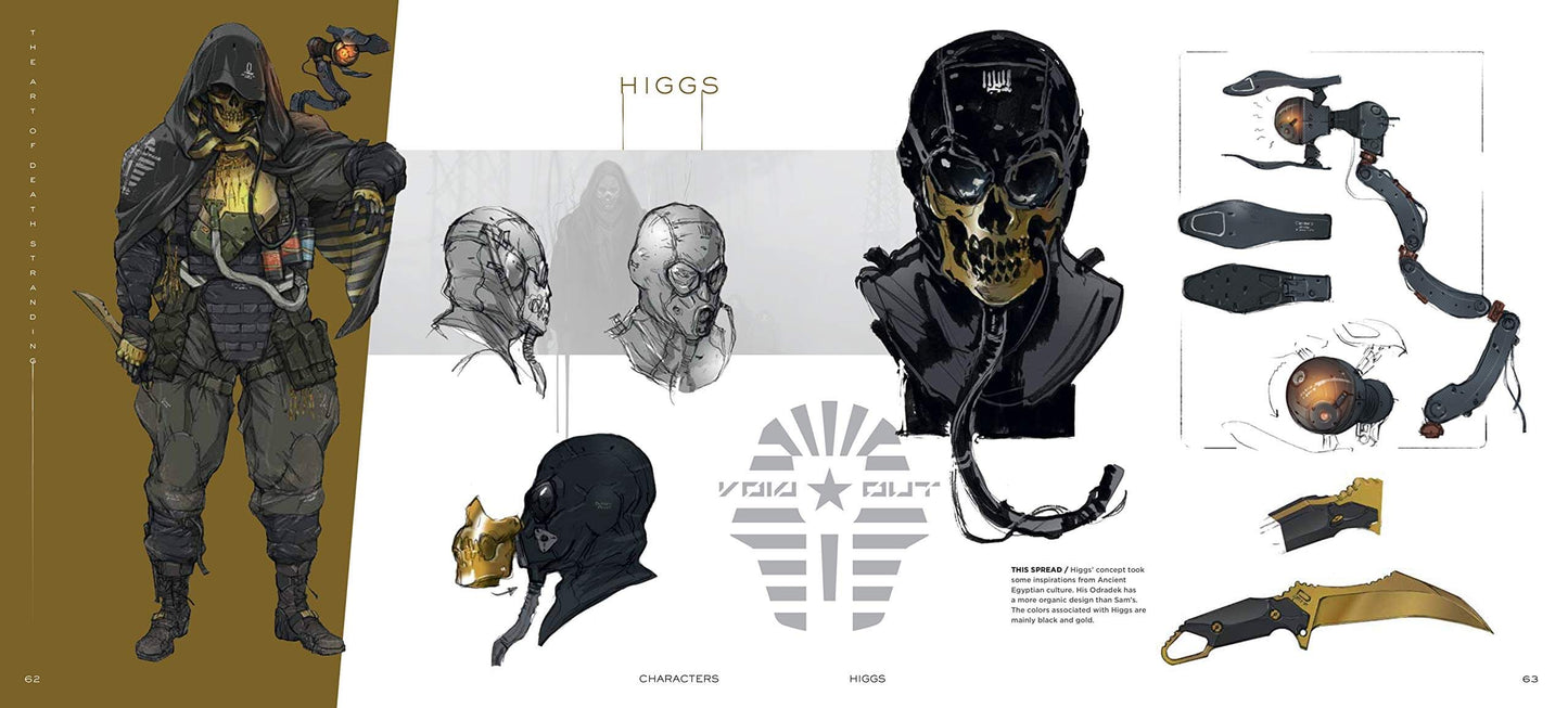 A concept art sheet featuring a character design labeled 'HIGGS' and 'VOID RUN', with a full-body illustrated figure on the left, multiple head and mask sketches in the center, and weapon or accessory components on the right.