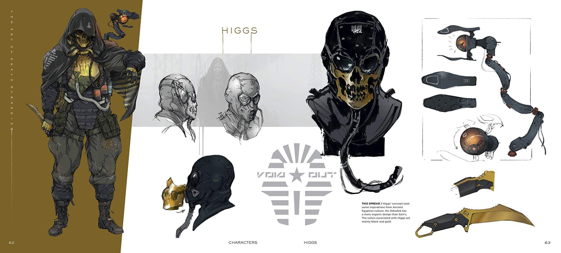A concept art sheet featuring a character design labeled 'HIGGS' and 'VOID RUN', with a full-body illustrated figure on the left, multiple head and mask sketches in the center, and weapon or accessory components on the right.