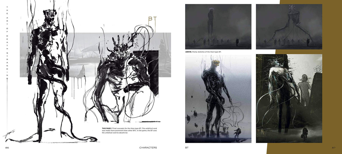 A collage of concept art sketches and illustrations, including black-and-white character studies and dark atmospheric scenes, arranged on a white background with a gold vertical band on the right.