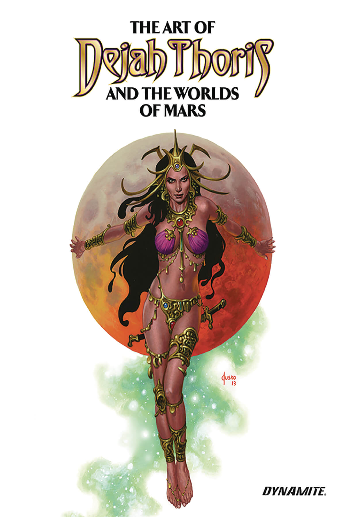 Front cover of the art book 'The Art of Dejah Thoris and the Worlds of Mars' by Dynamite, featuring a fantasy illustration of Dejah Thoris in purple and gold attire against a large red and orange sun on a white background.