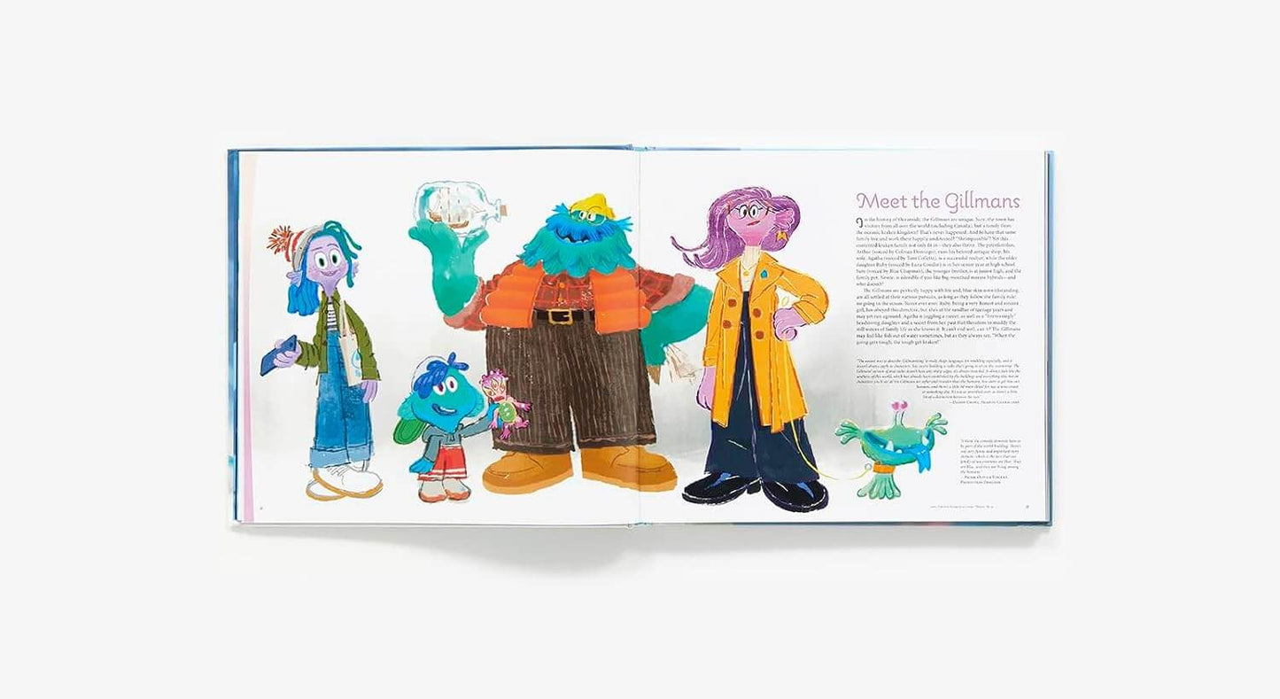 An open illustrated book spread showing colorful character drawings and text, photographed against a plain white background.