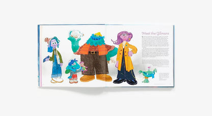An open illustrated book spread showing colorful character drawings and text, photographed against a plain white background.