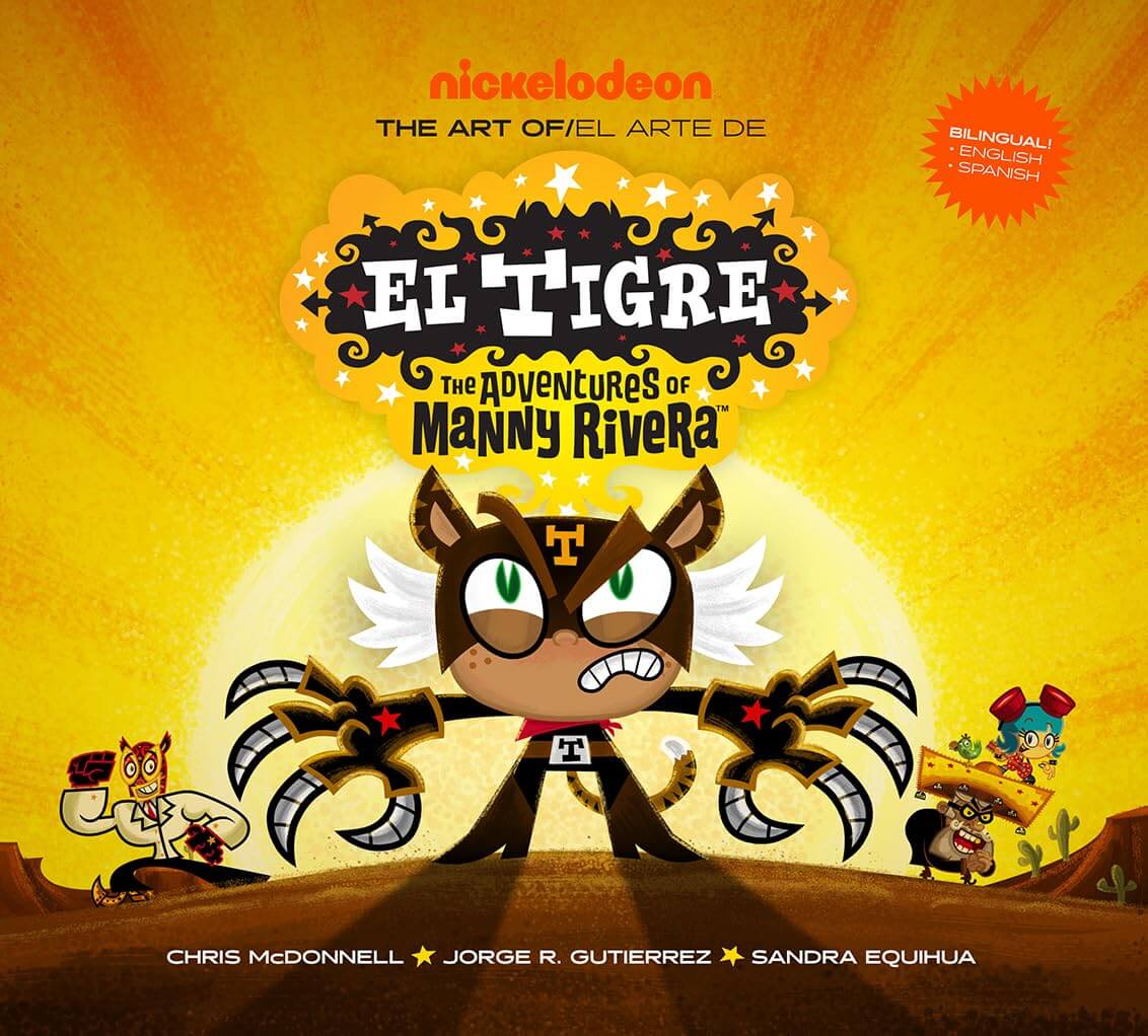 Front cover of the Nickelodeon 'El Tigre: The Adventures of Manny Rivera' bilingual book, featuring the main cartoon character Manny Rivera in a brown tiger suit with webbed arms, set against a bright yellow sunburst background.