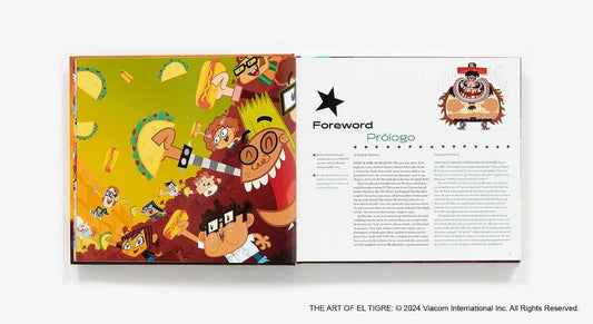 An open children's book spread showing colorful illustrated covers and text pages on a light gray background. The left page has a bright multicolor cartoon illustration, and the right page has a white background with the title 'Foreword Prólogo' and small text.