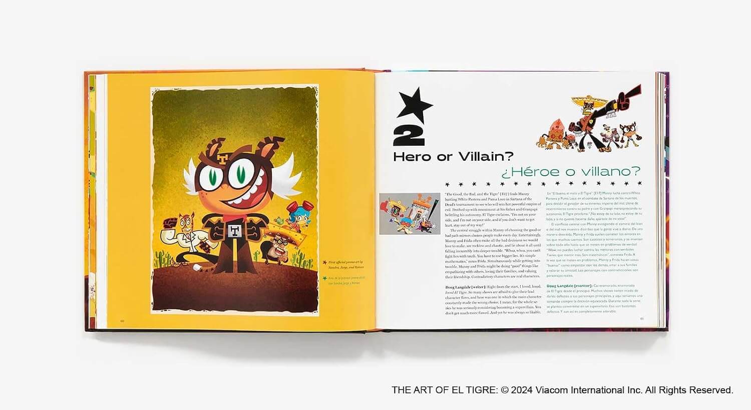 An open children's book spread shown on a light gray background. The left page has a large colorful illustration of a cartoon character on a yellow background, and the right page has text and smaller illustrations.