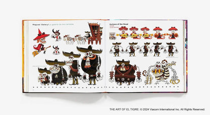 An open art book displaying colorful character illustrations and design sheets from El Tigre, photographed against a clean white background with a small printed copyright notice below.