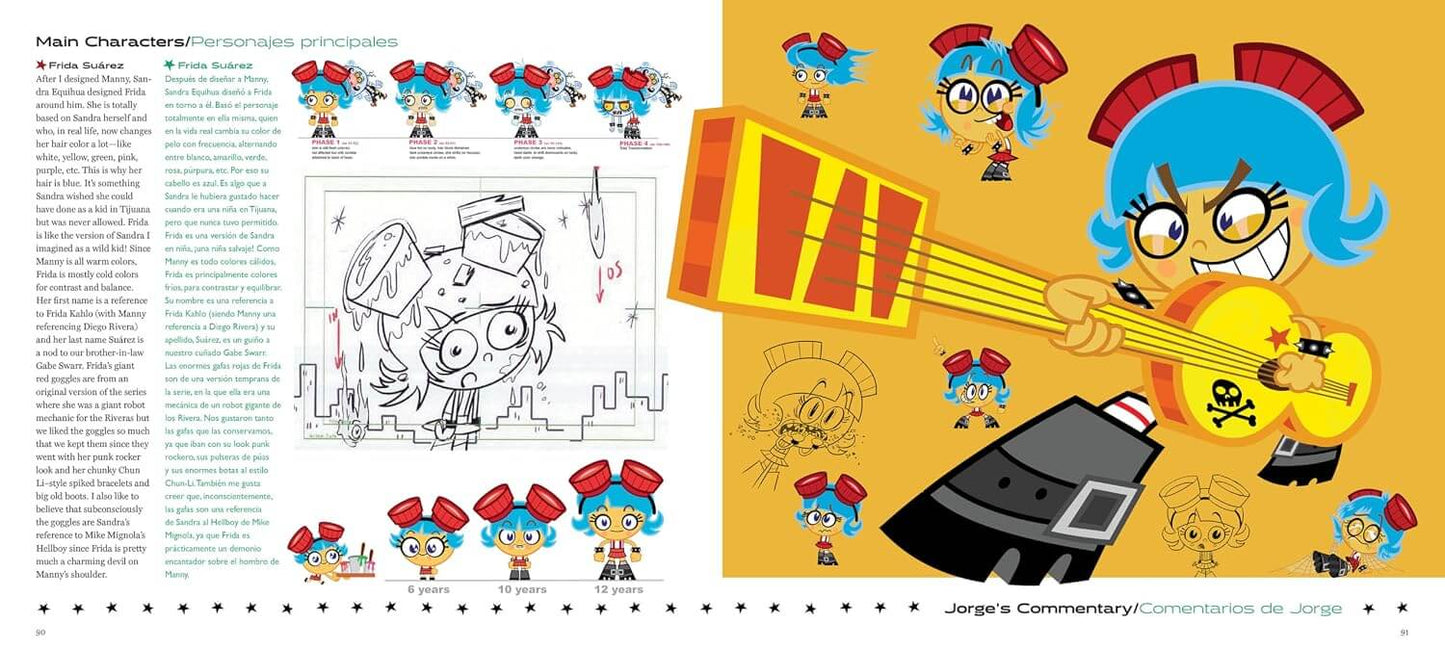 A printed page spread featuring cartoon character artwork and text. The left side contains a black-and-white character sketch with small colored character references arranged around it, and the right side shows a colorful illustration of a blue-haired cartoon character holding a yellow guitar on a yellow background.