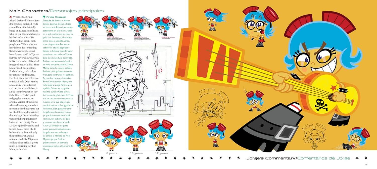 A printed page spread featuring cartoon character artwork and text. The left side contains a black-and-white character sketch with small colored character references arranged around it, and the right side shows a colorful illustration of a blue-haired cartoon character holding a yellow guitar on a yellow background.
