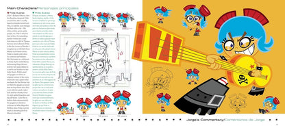 A printed page spread featuring cartoon character artwork and text. The left side contains a black-and-white character sketch with small colored character references arranged around it, and the right side shows a colorful illustration of a blue-haired cartoon character holding a yellow guitar on a yellow background.