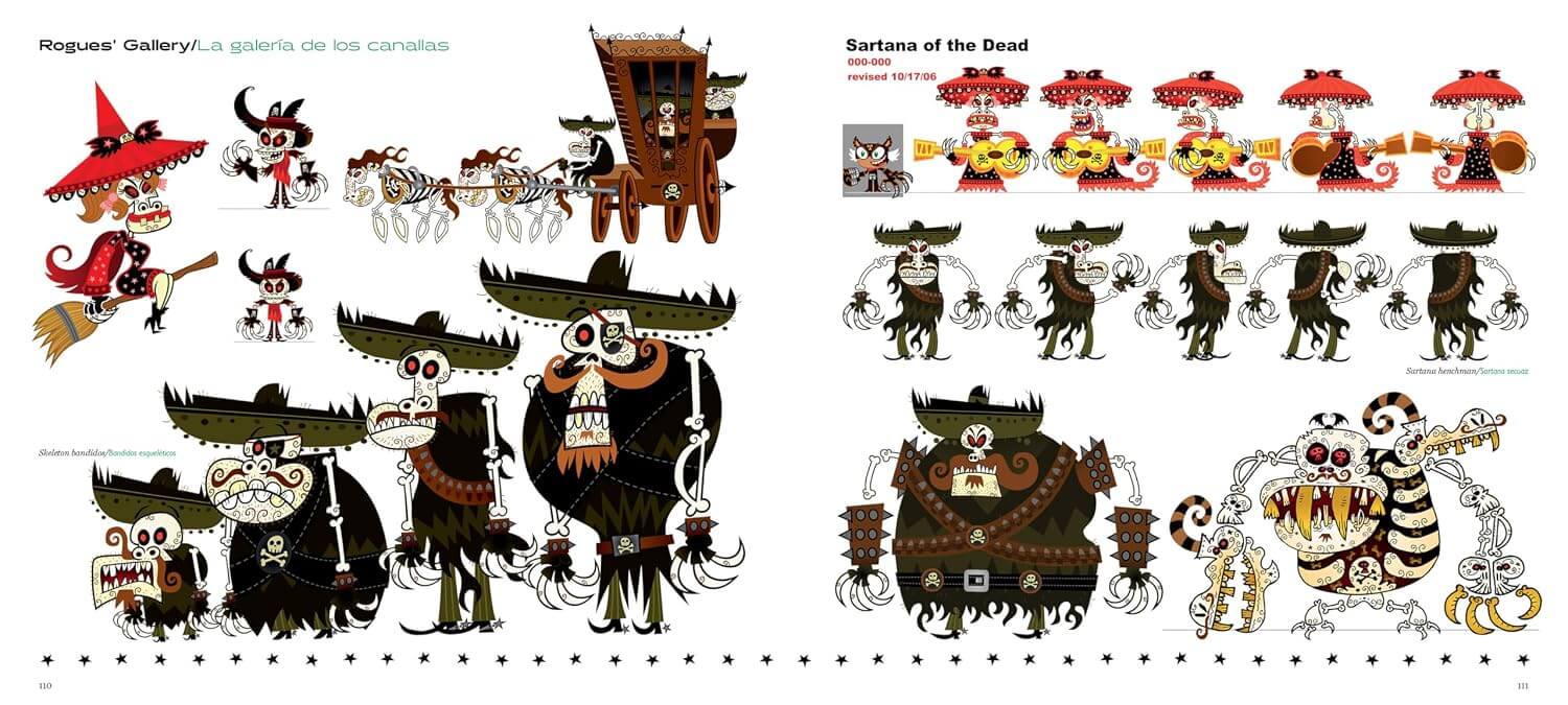 A sheet of character art and illustration panels showing multiple cartoon-style skeleton and witch motifs, including figures in red hats, dark cloaks, and a large central skeleton character with a cart. The sheet includes text labels such as 'Rhipuena Gallery' and 'Sarcos of the Dead' on a white background.