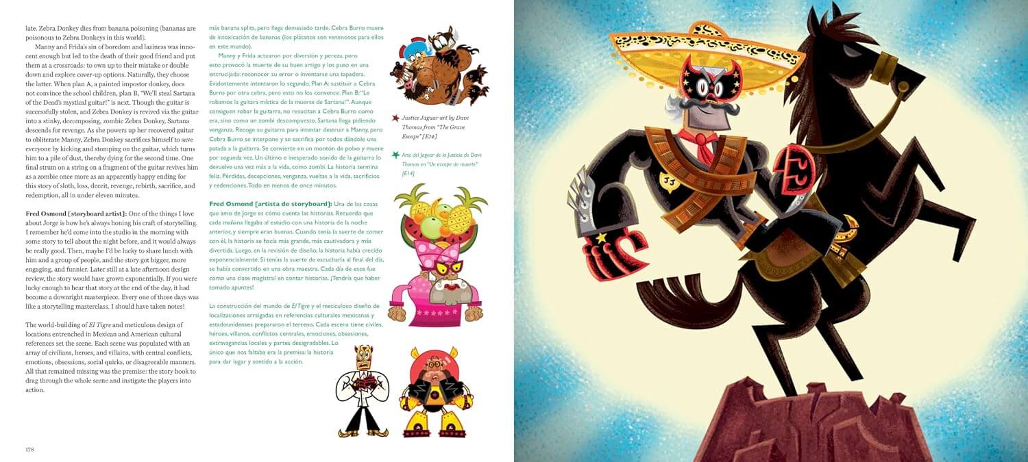 An open book spread showing printed text on the left page and a colorful illustrated character scene on the right. The illustration depicts a black horse-like creature wearing a large yellow sombrero and brown vest, posed against a pale blue and white background with a rocky platform below.
