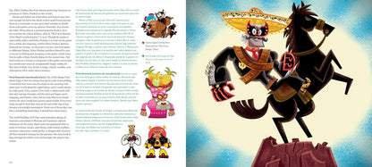 An open book spread showing printed text on the left page and a colorful illustrated character scene on the right. The illustration depicts a black horse-like creature wearing a large yellow sombrero and brown vest, posed against a pale blue and white background with a rocky platform below.