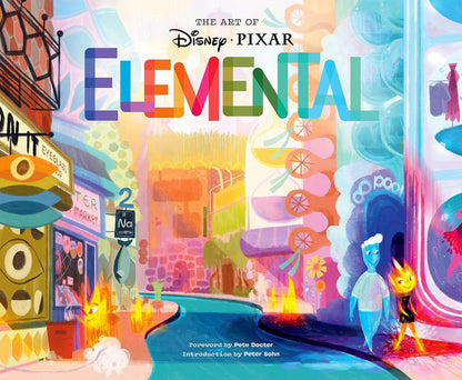 Cover of 'The Art of Elemental' book featuring colorful illustrations related to the Pixar Animation Studios film 'Elemental'. The cover displays a lively street scene with animated characters and vibrant colors.