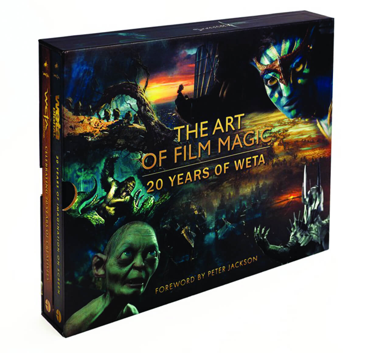 A slipcased book set titled 'The Art of Film Magic 20 Years of Weta' with various illustrations and designs on the cover, including a Gollum figure and character sketches.