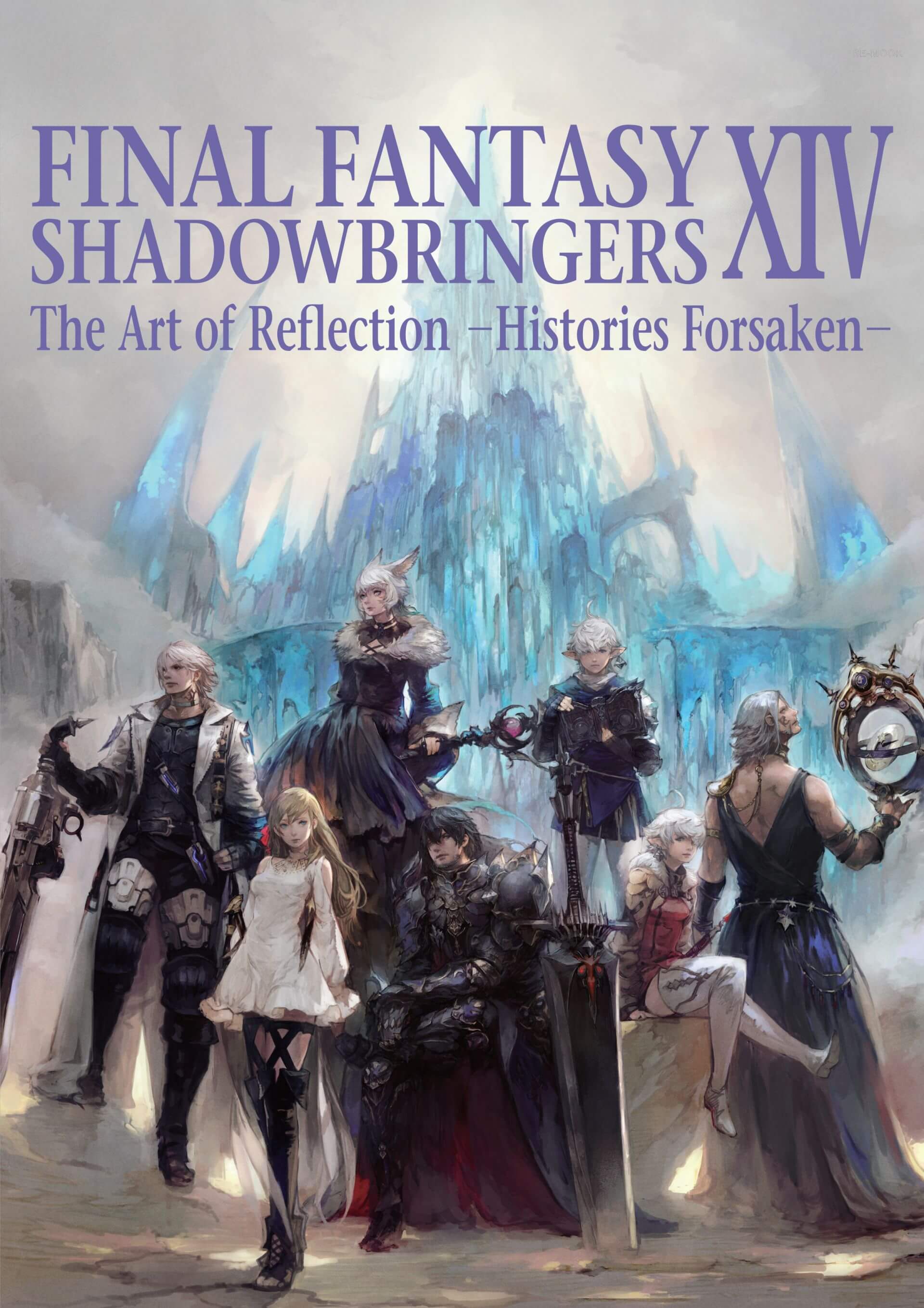Cover art for 'The Art of Final Fantasy XIV: Shadowbringers - The Art of Reflection - Histories Forsaken' book featuring characters from the game with a fantasy setting.