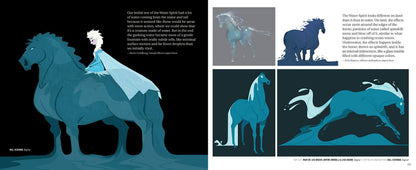 A two-page spread of an art book or design catalog featuring stylized blue and teal illustrations of a horse and rider, with text blocks on a black background.