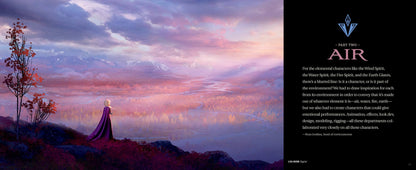 A split promotional graphic with a fantasy landscape on the left showing a lone robed figure standing on a mountain ridge under a pink, purple, and blue sky, and a black text panel on the right with the title 'AIR' and descriptive copy.