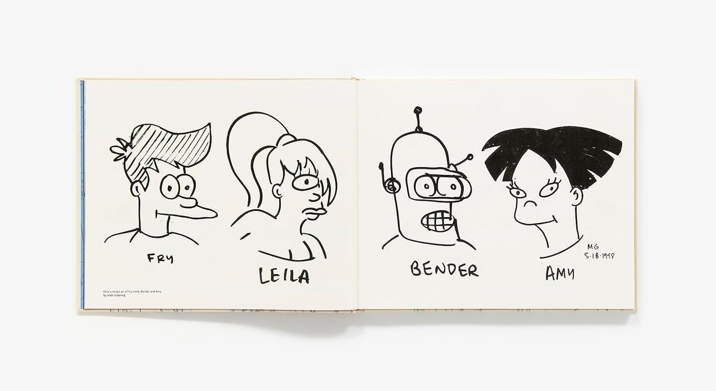 An open sketchbook displaying black line art illustrations of Fry, Leila, Bender, and Amy from Futurama on off-white paper against a light gray background.