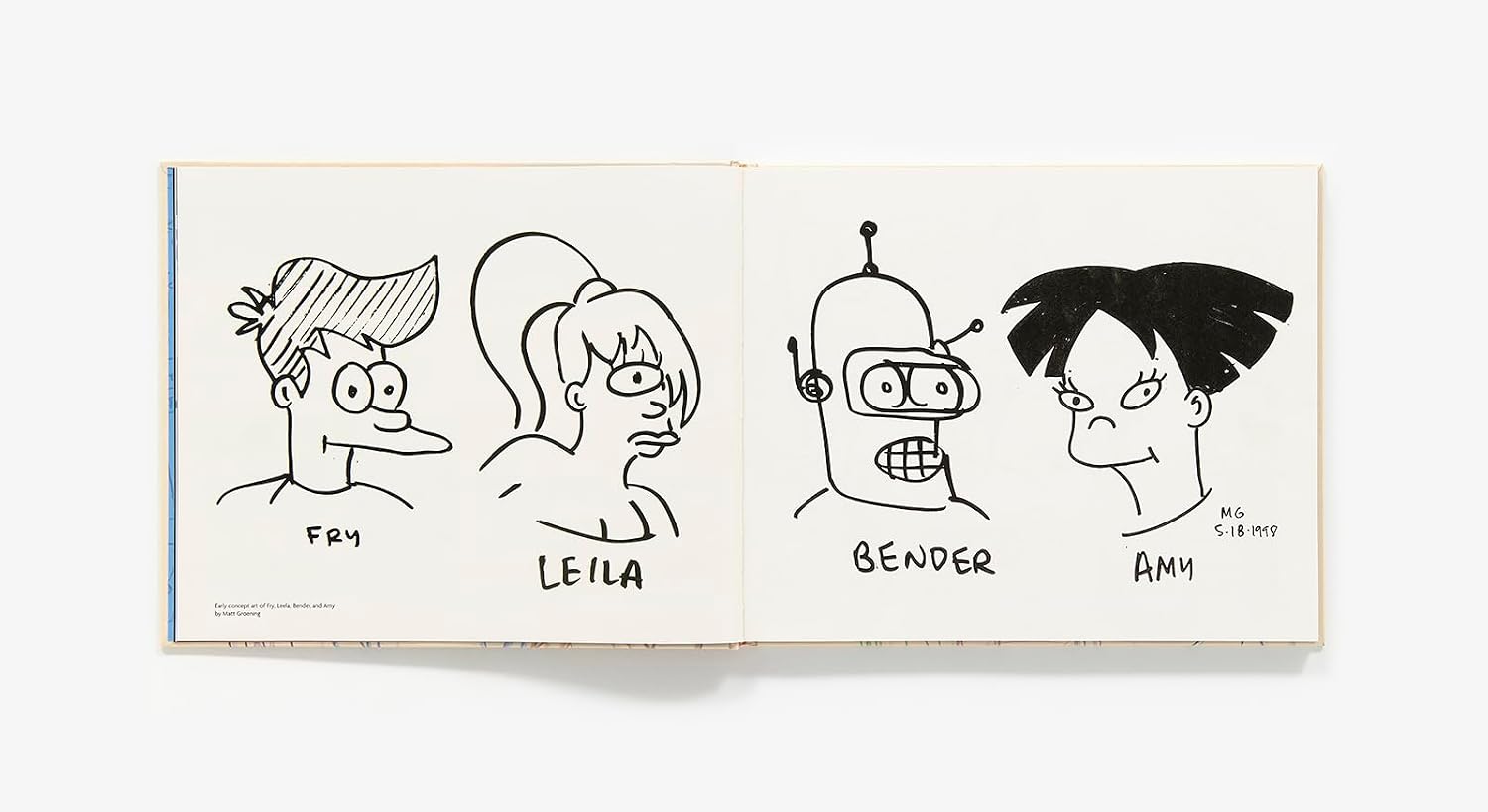 An open sketchbook displaying black line art illustrations of Fry, Leila, Bender, and Amy from Futurama on off-white paper against a light gray background.