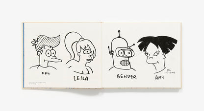 An open sketchbook displaying black line art illustrations of Fry, Leila, Bender, and Amy from Futurama on off-white paper against a light gray background.