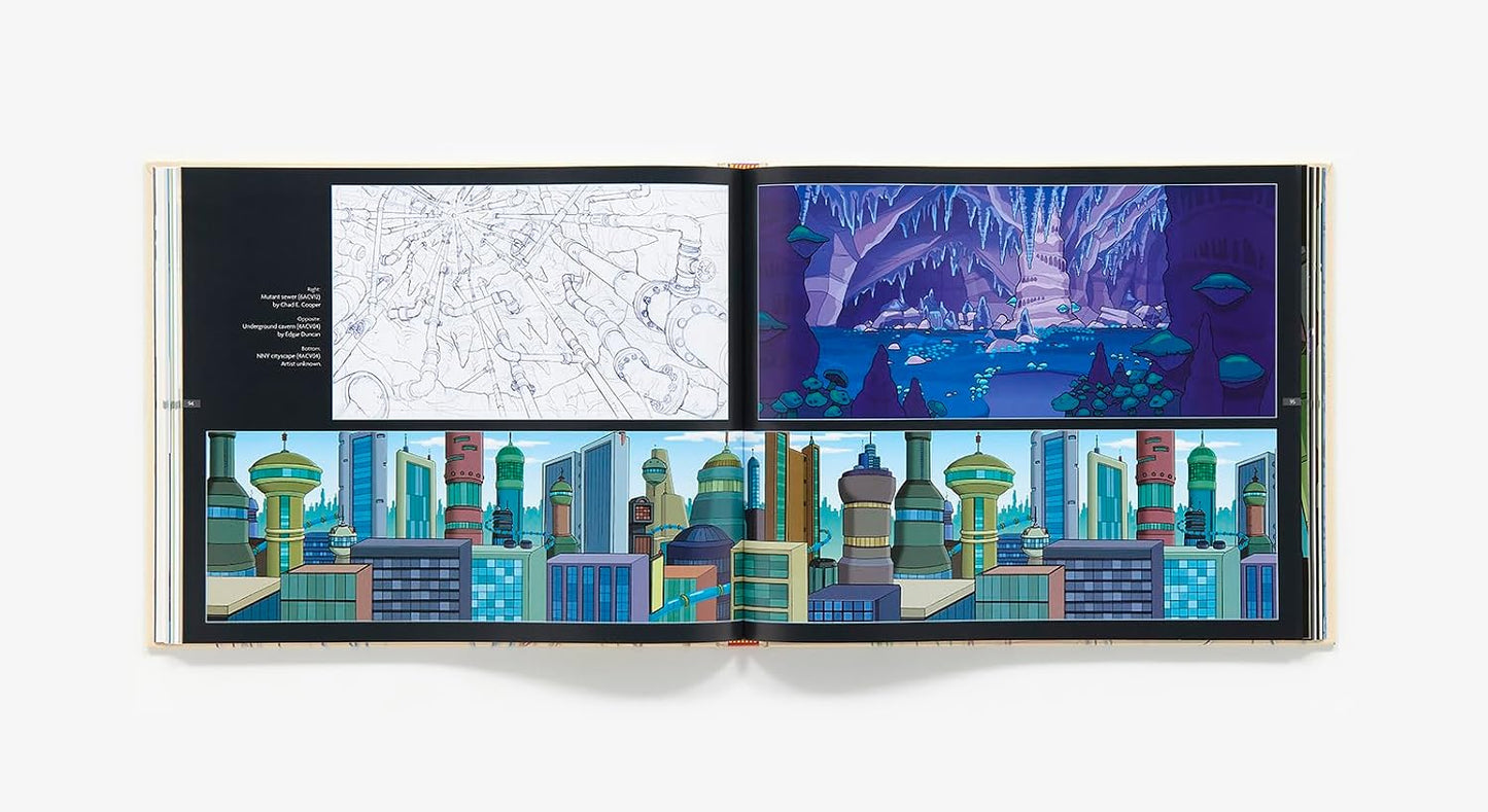 An open art book or illustration volume on a light gray background, showing a stylized cityscape and cave scene in vivid blue, purple, teal, and green tones, alongside a black-and-white sketch panel.